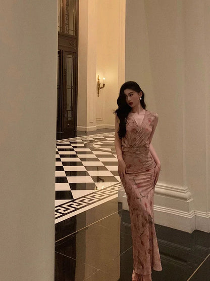 Sexy Sheath V Neckline Long Pink Floral Prom Dresses Birthday Outfits Evening Gown