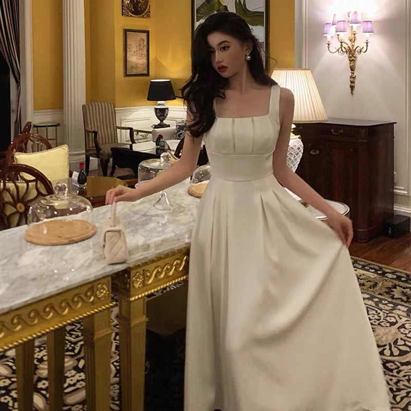 Sexy A line Square Neckline White Satin Prom Dresses Birthday Outfits Evening Gown