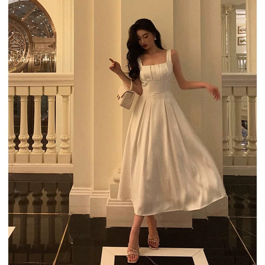 Sexy A line Square Neckline White Satin Prom Dresses Birthday Outfits Evening Gown