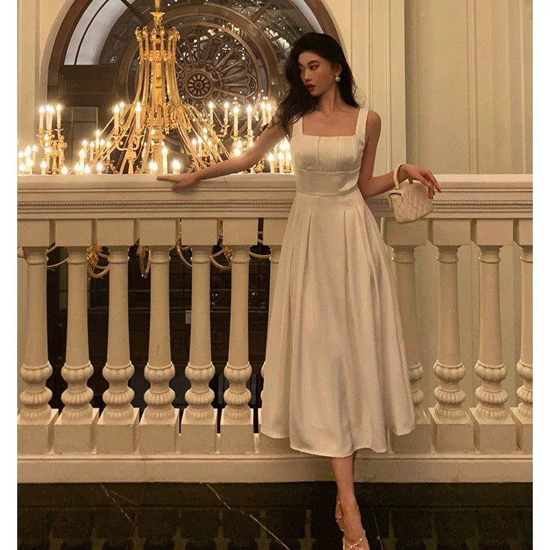 Sexy A line Square Neckline White Satin Prom Dresses Birthday Outfits Evening Gown