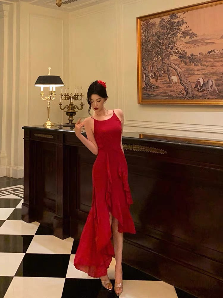 Classy High Low Spaghetti Straps Red Long Prom Dresses Birthday Outfits Evening Gown