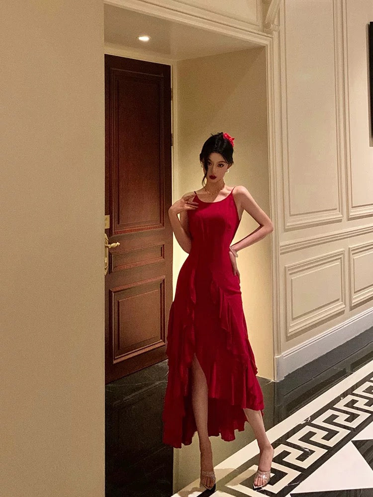 Classy High Low Spaghetti Straps Red Long Prom Dresses Birthday Outfits Evening Gown