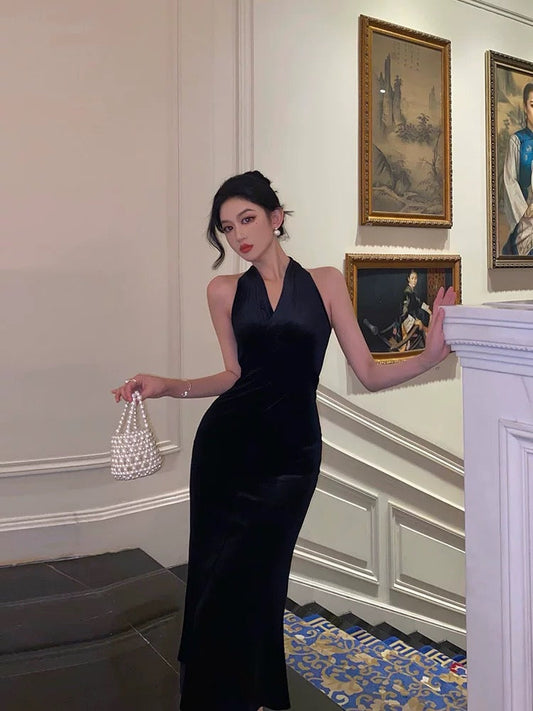 Vintage Sheath V neckline Black Velvet Long Prom Dresses Evening Gowns