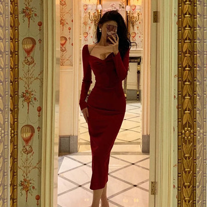 Classy Sheath V Neckline Long Sleeves Red Prom Dresses Birthday Outfits Evening Gown