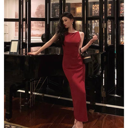 Sexy Sheath Jewel Neckline Red Long Prom Dresses Birthday Outfits Evening Gown