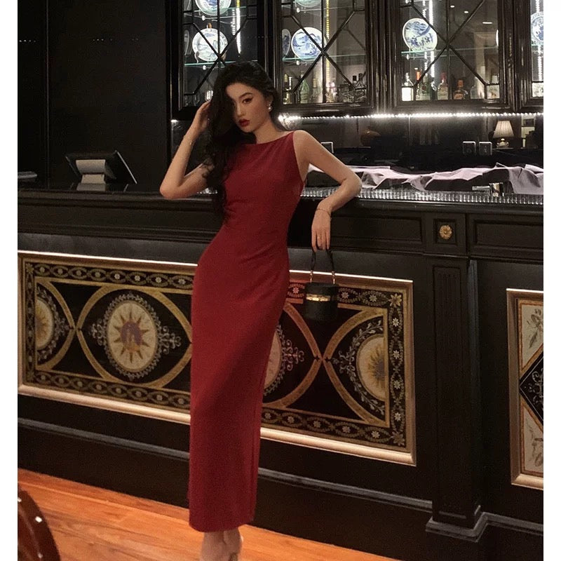 Sexy Sheath Jewel Neckline Red Long Prom Dresses Birthday Outfits Evening Gown