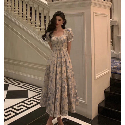 Classy A line Square neckline Blue Chiffon Long Prom Dresses Birthday Outfits Evening Gown
