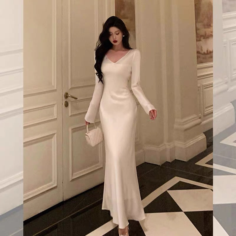Sexy Sheath V Neckline Ivory Long Prom Dresses Birthday Outfits Evening Gown
