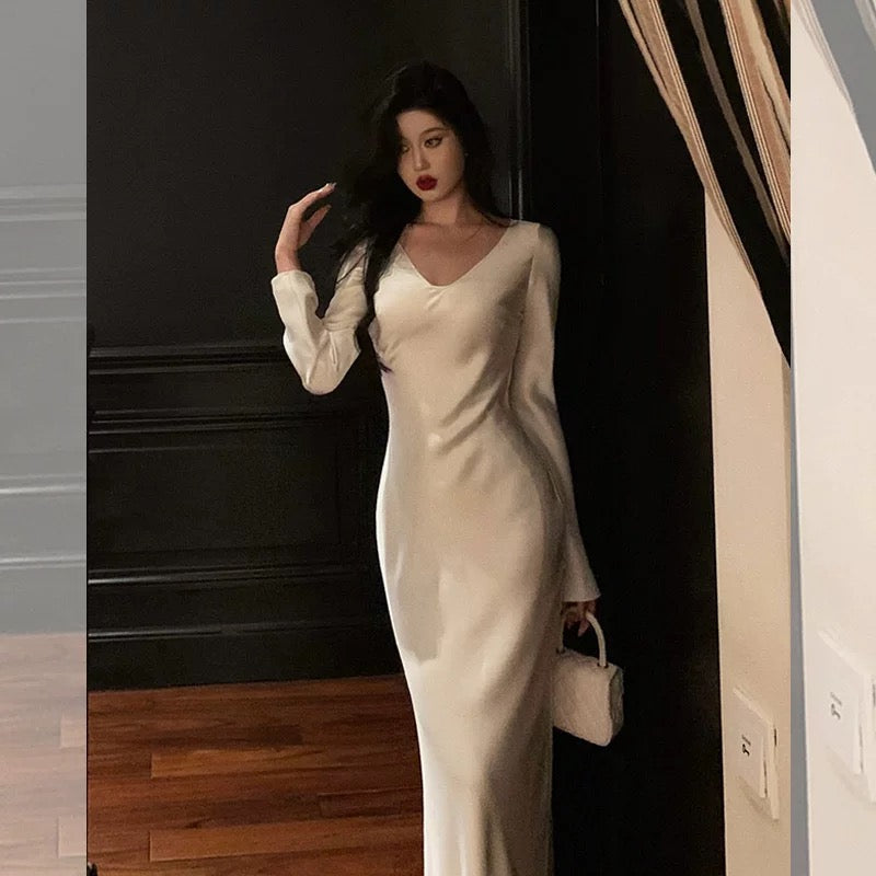 Sexy Sheath V Neckline Ivory Long Prom Dresses Birthday Outfits Evening Gown