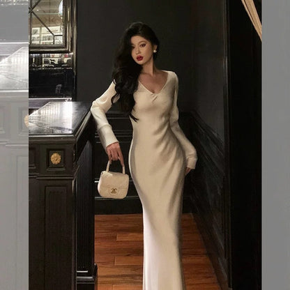 Sexy Sheath V Neckline Ivory Long Prom Dresses Birthday Outfits Evening Gown