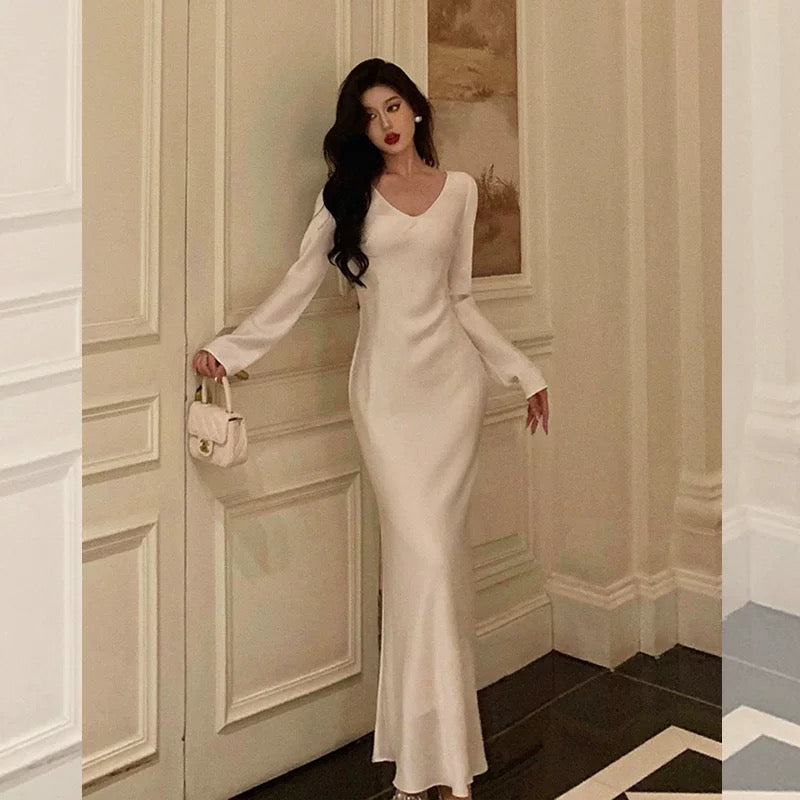 Sexy Sheath V Neckline Ivory Long Prom Dresses Birthday Outfits Evening Gown