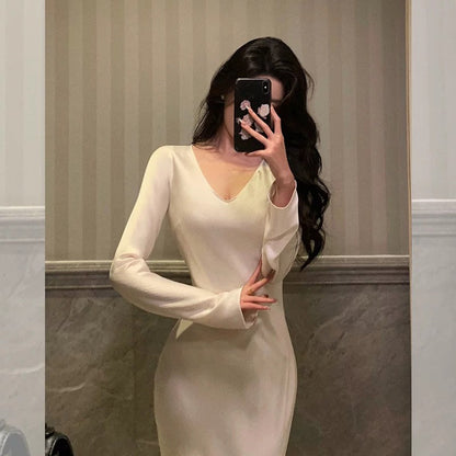 Sexy Sheath V Neckline Ivory Long Prom Dresses Birthday Outfits Evening Gown