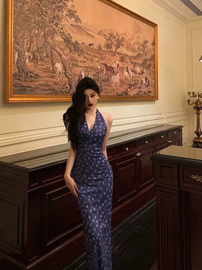 Sexy Sheath V Neckline Floral Blue Prom Dresses Birthday Outfits Evening Gown
