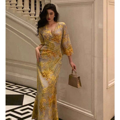 Sexy Sheath V Neckline Floral Yellow Slit Prom Dresses Birthday Outfits Evening Gown