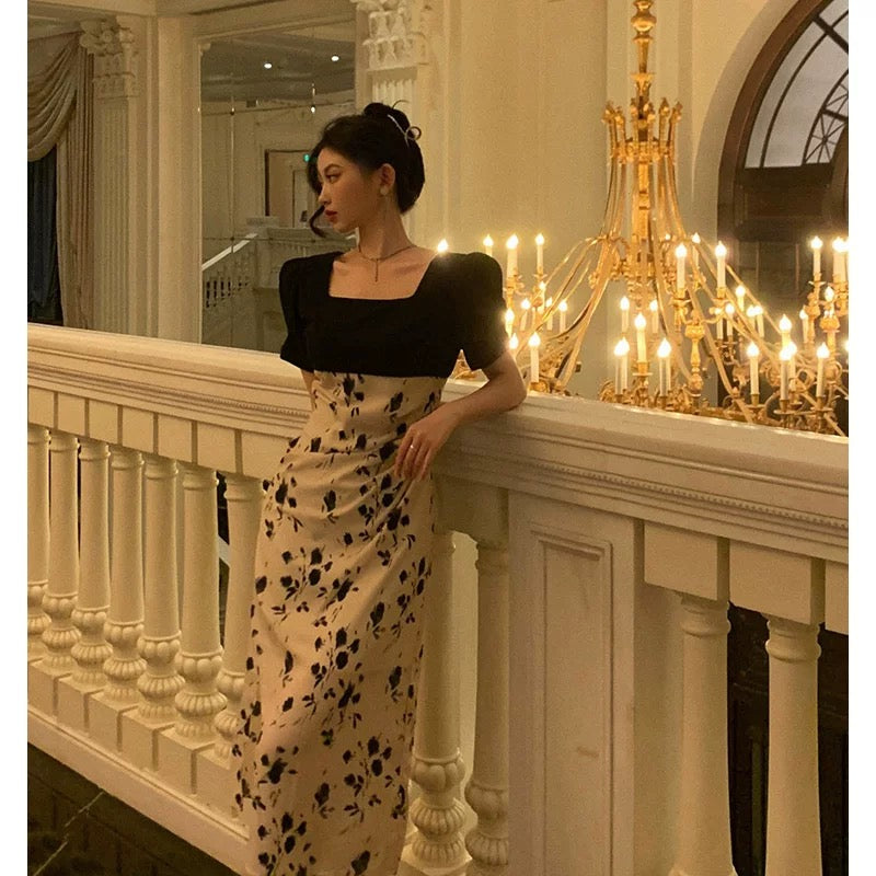 Sexy A Line Square Neckline Floral Black Prom Dresses Birthday Outfits Evening Gown