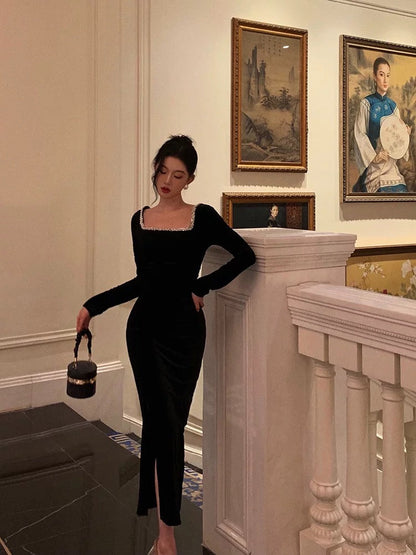 Sexy French Sheath Square Neckline Black Prom Dresses Birthday Outfits Evening Gown