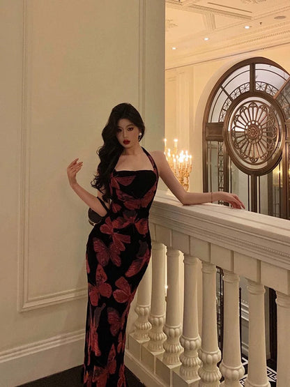 Sexy French Sheath Halter Floral Prom Dresses Birthday Outfits Evening Gown
