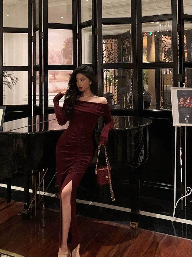 Sexy French Sheath Off The Shoulder Burgundy Split Prom Dresses Birthday Outfits Evening Gown