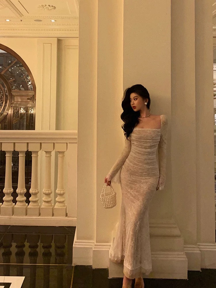 Sexy French Mermaid Square Neckline Lace White Prom Dresses Birthday Outfits Evening Gown