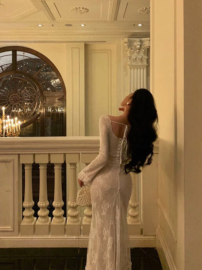 Sexy French Mermaid Square Neckline Lace White Prom Dresses Birthday Outfits Evening Gown