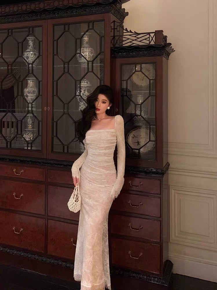 Sexy French Mermaid Square Neckline Lace White Prom Dresses Birthday Outfits Evening Gown