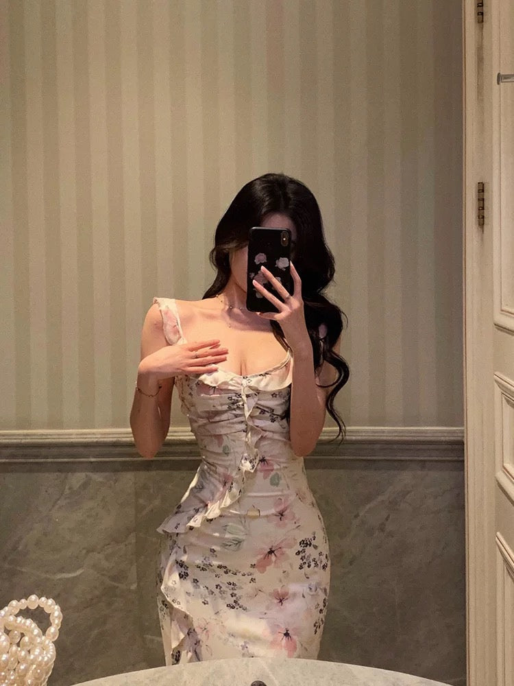 Sexy French Sheath Square Neckline Floral Pink Prom Dresses Birthday Outfits Evening Gown