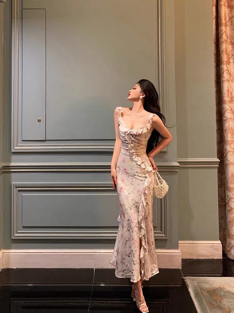 Sexy French Sheath Square Neckline Floral Pink Prom Dresses Birthday Outfits Evening Gown