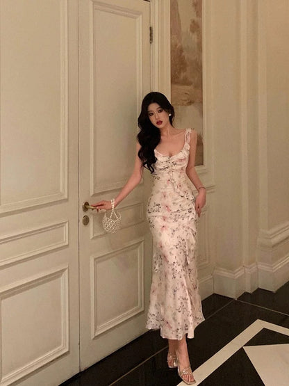 Sexy French Sheath Square Neckline Floral Pink Prom Dresses Birthday Outfits Evening Gown