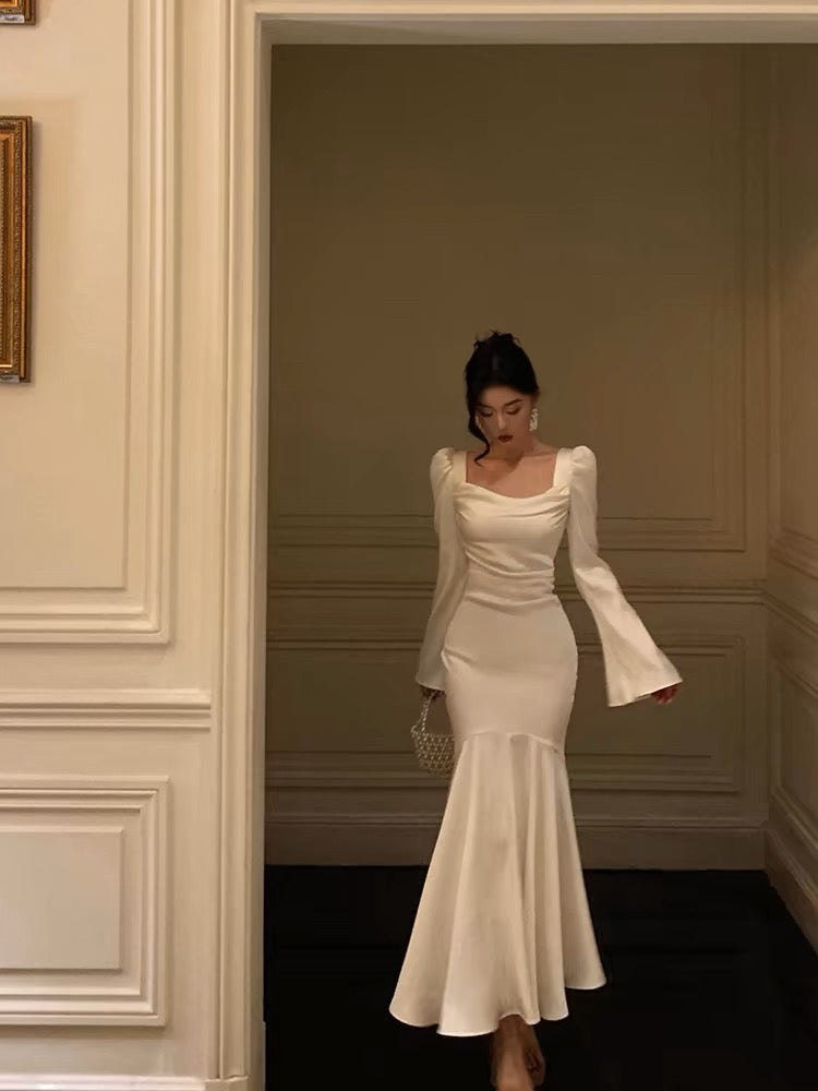Sexy French Sheath Square Neckline Ivory Long Sleeves Prom Dresses Birthday Outfits Evening Gown