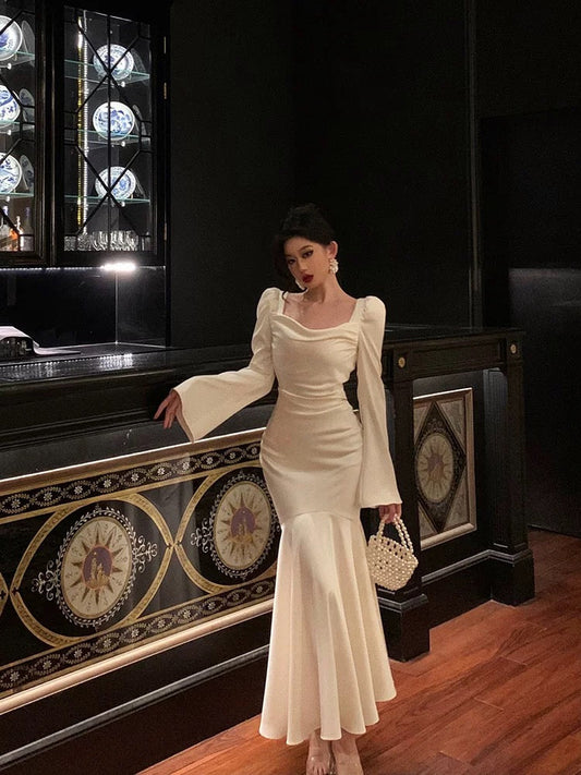Sexy French Sheath Square Neckline Ivory Long Sleeves Prom Dresses Birthday Outfits Evening Gown