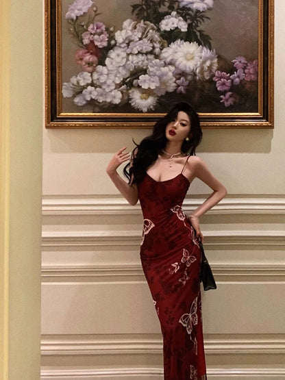 Sexy French Mermaid Spaghetti Straps Burgundy Prom Dresses Birthday Outfits Evening Gown