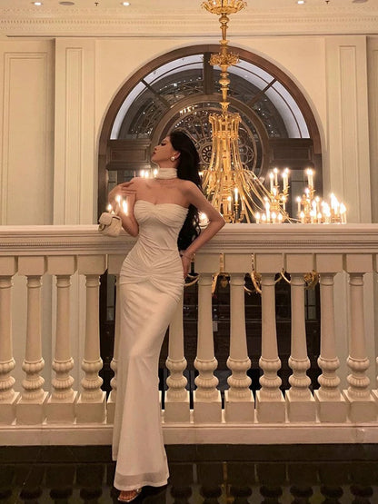 Classy Sheath Strapless Neckline White Prom Dresses Birthday Outfits Evening Gown