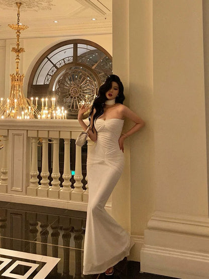 Classy Sheath Strapless Neckline White Prom Dresses Birthday Outfits Evening Gown