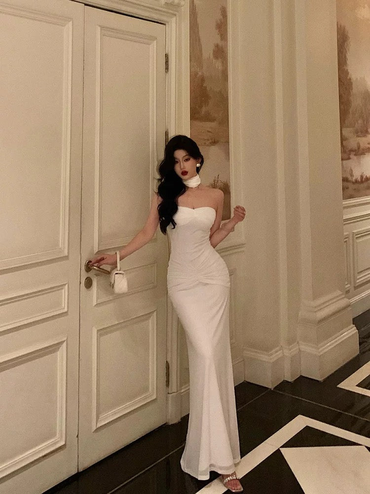 Classy Sheath Strapless Neckline White Prom Dresses Birthday Outfits Evening Gown