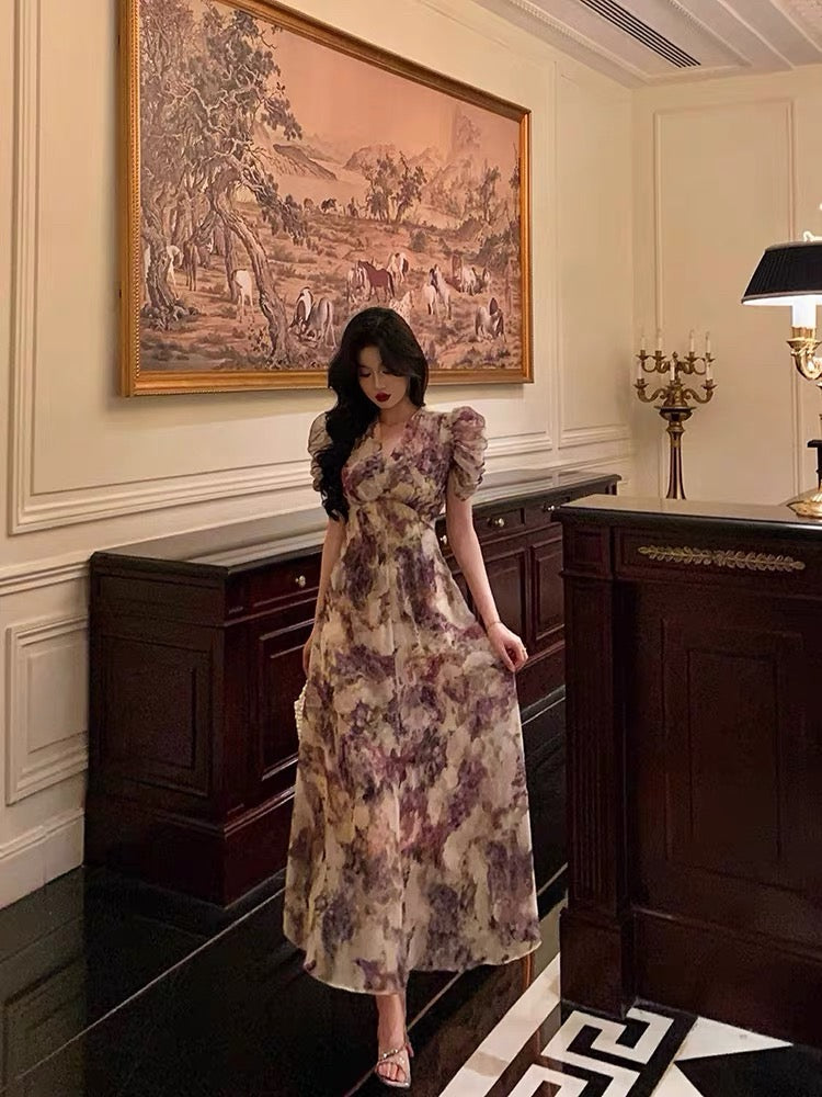 Classy A line V Neckline Grape Flora Chiffon Prom Dresses Birthday Outfits Evening Gown