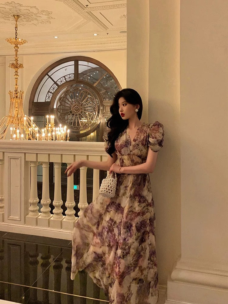 Classy A line V Neckline Grape Flora Chiffon Prom Dresses Birthday Outfits Evening Gown