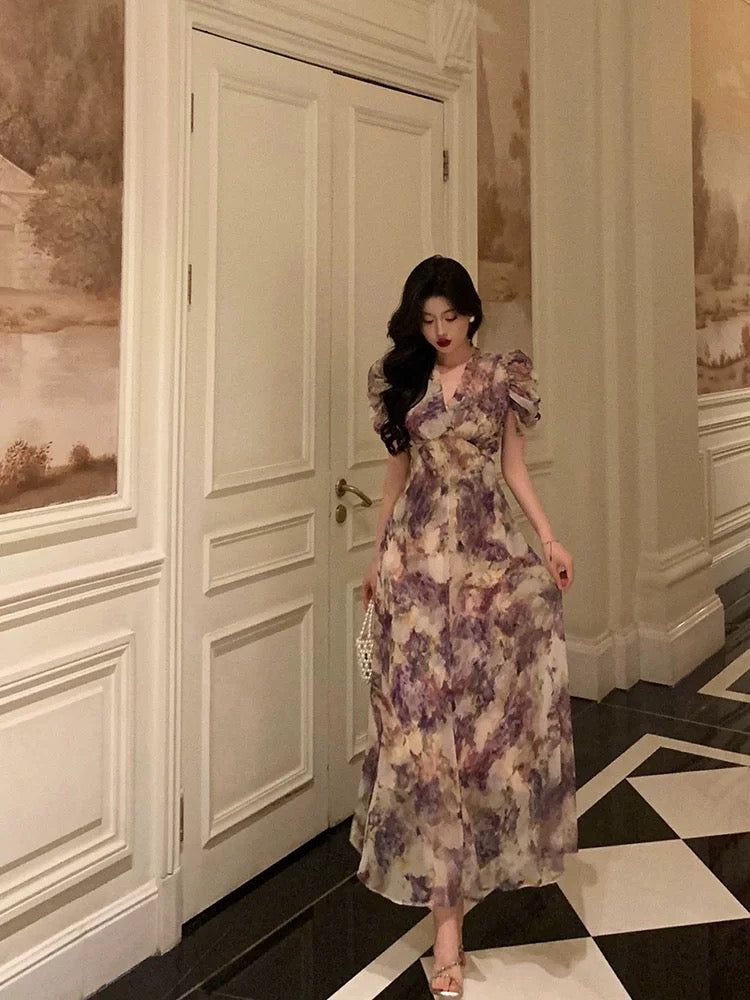 Classy A line V Neckline Grape Flora Chiffon Prom Dresses Birthday Outfits Evening Gown