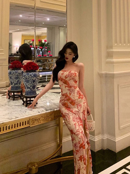 Classy Sheath Strapless Neckline Pink Floral Prom Dresses Birthday Outfits Evening Gown