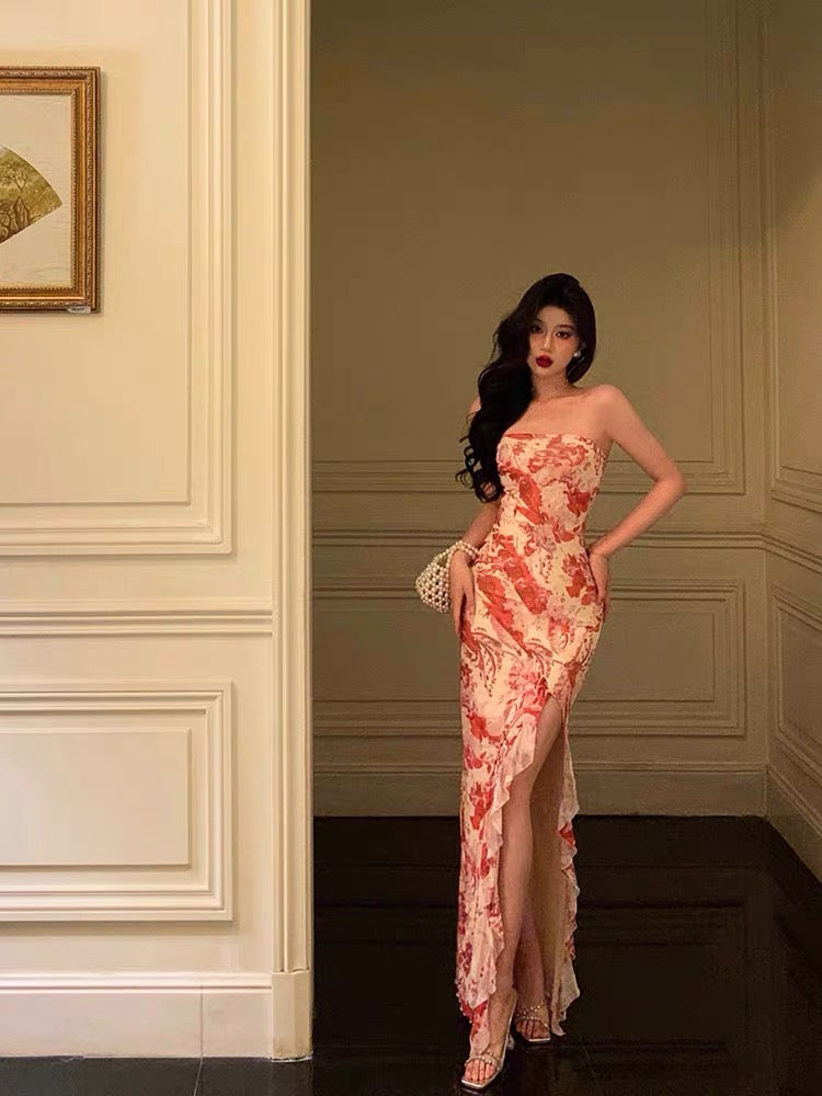Classy Sheath Strapless Neckline Pink Floral Prom Dresses Birthday Outfits Evening Gown