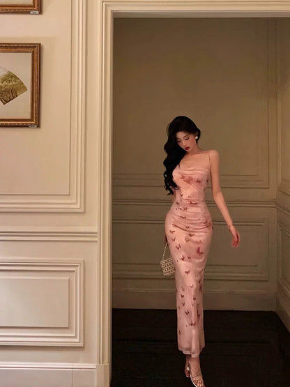 Classy Mermaid Spaghetti Straps Pink Flora Prom Dresses Birthday Outfits Evening Gown