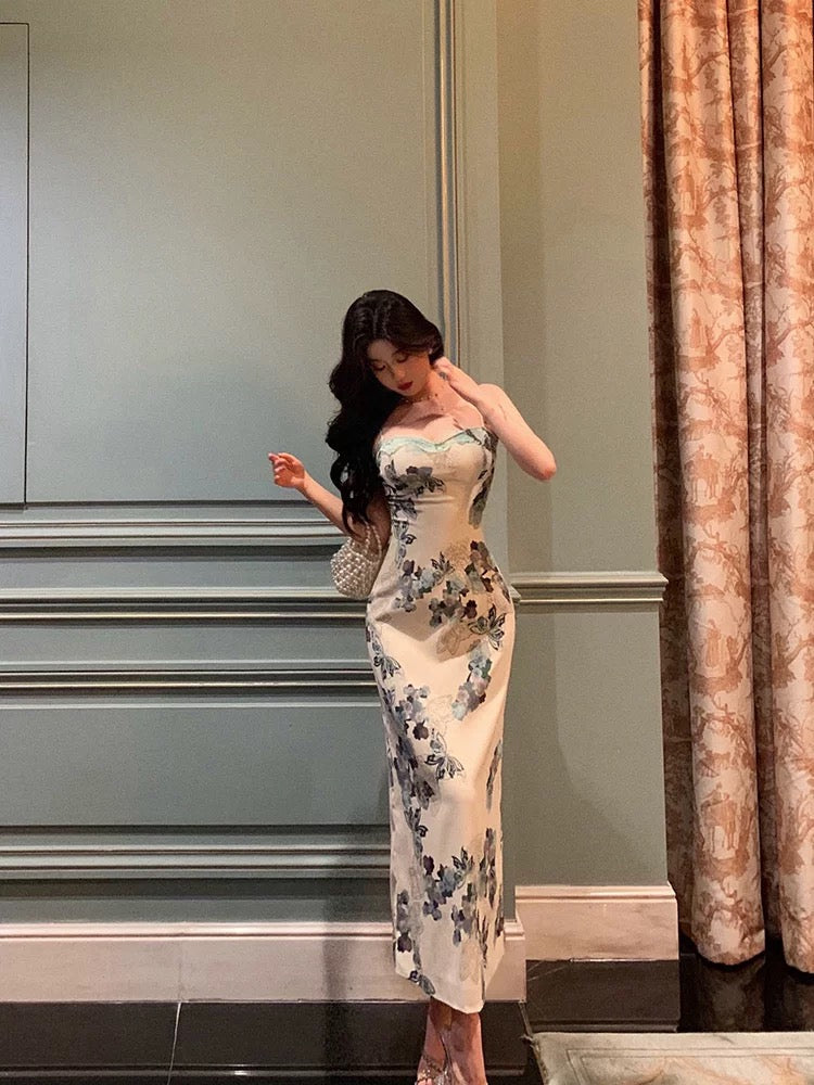 Classy Sheath Spaghetti Straps Floral Prom Dresses Birthday Outfits Evening Gown