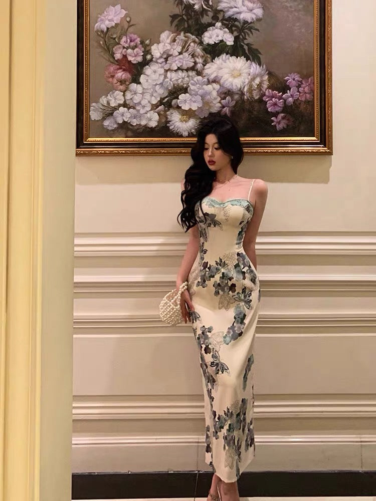 Classy Sheath Spaghetti Straps Floral Prom Dresses Birthday Outfits Evening Gown
