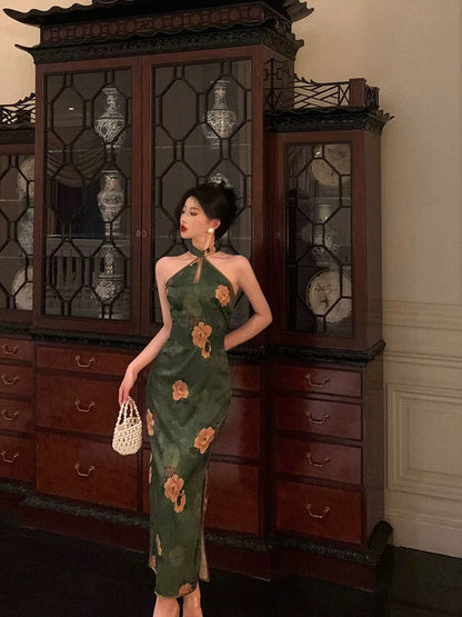 Classy Sheath Halter Green Slit Prom Dresses Birthday Outfits Evening Gown