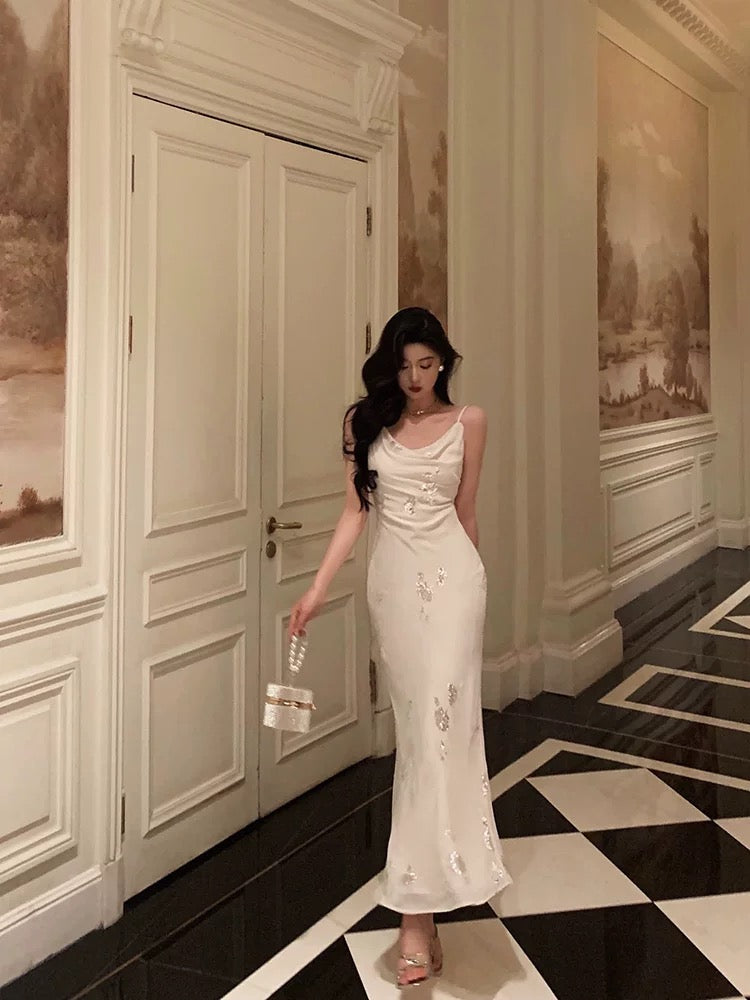 Classy Sheath Spaghetti Straps Ivory Chiffon Prom Dresses Birthday Outfits Evening Gown