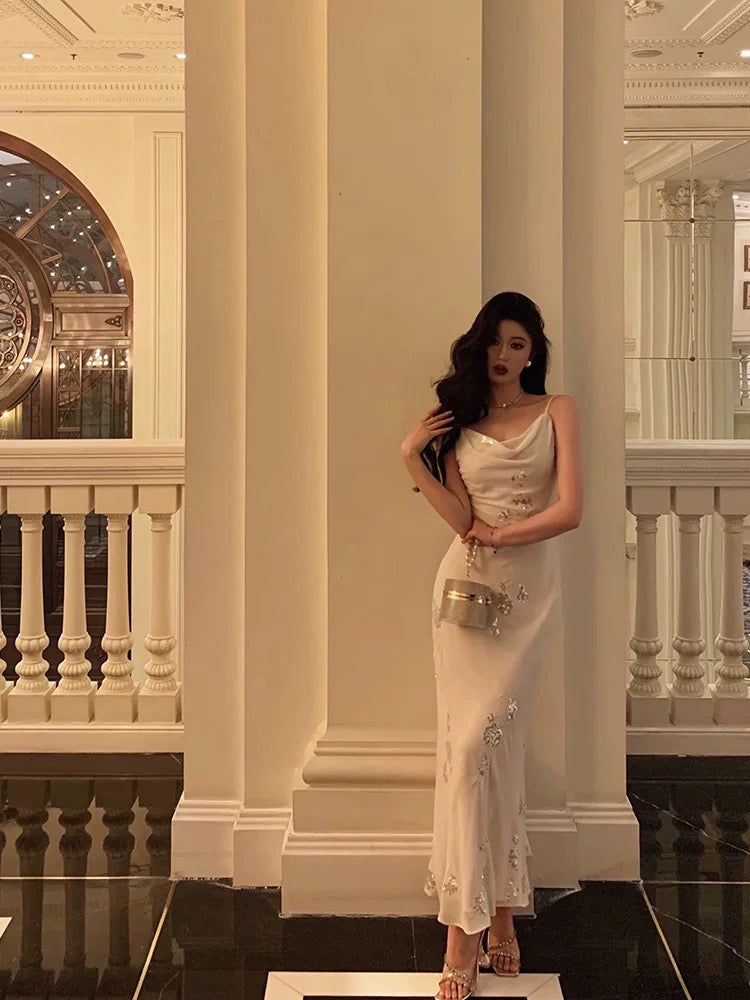Classy Sheath Spaghetti Straps Ivory Chiffon Prom Dresses Birthday Outfits Evening Gown