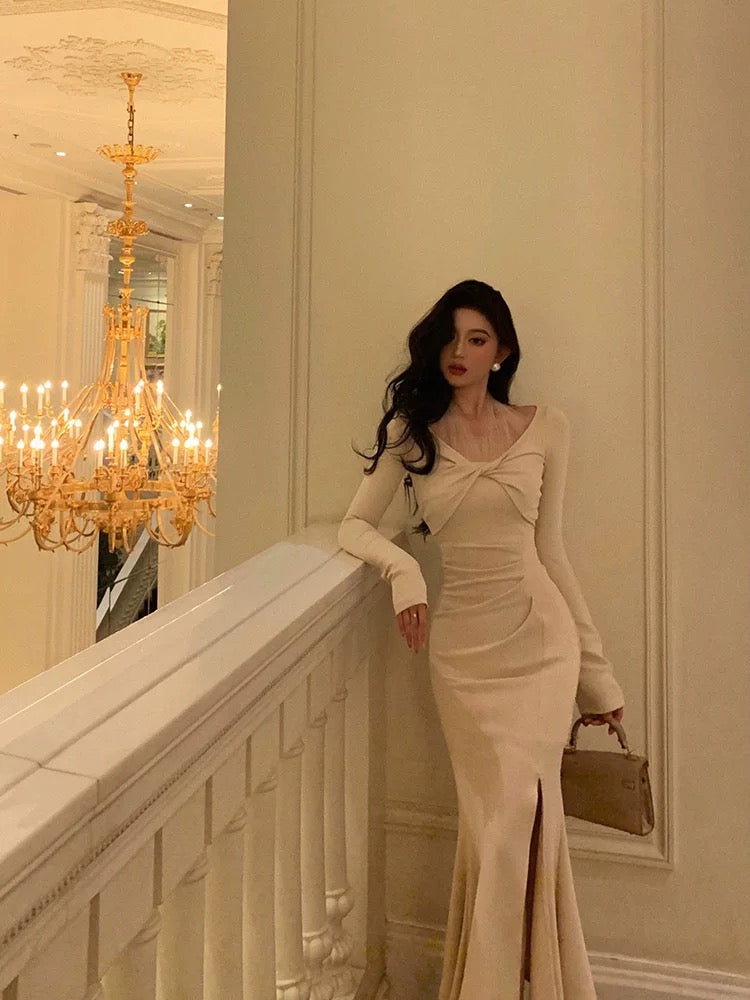 Classy Mermaid Long Sleeves Ivory Slit Prom Dresses Birthday Outfits Evening Gown