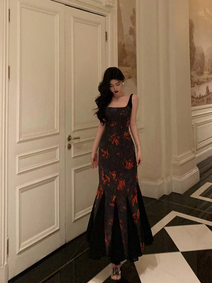 Classy Sheath Straps Black Floral Prom Dresses Birthday Outfits Evening Gown