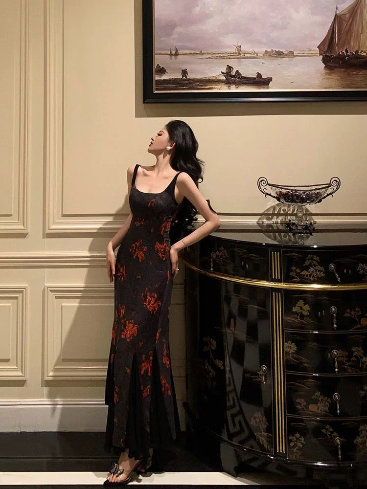 Classy Sheath Straps Black Floral Prom Dresses Birthday Outfits Evening Gown