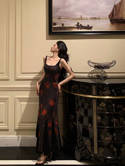 Classy Sheath Straps Black Floral Prom Dresses Birthday Outfits Evening Gown