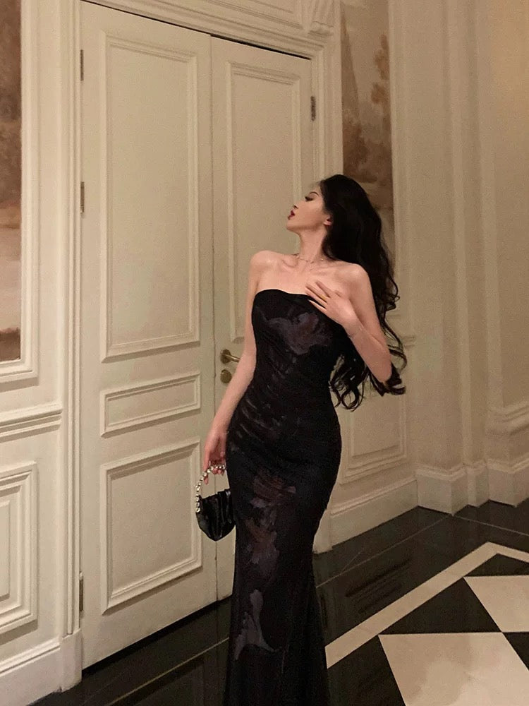 Classy Sheath Strapless Black Floral Prom Dresses Birthday Outfits Evening Gown